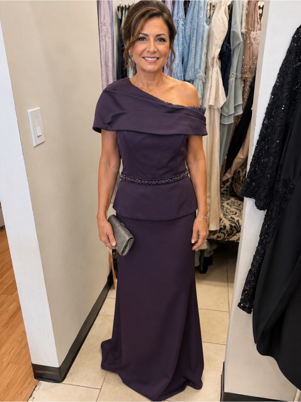 Off-Shoulder Evening Gown in Eggplant style MV1239 size 14